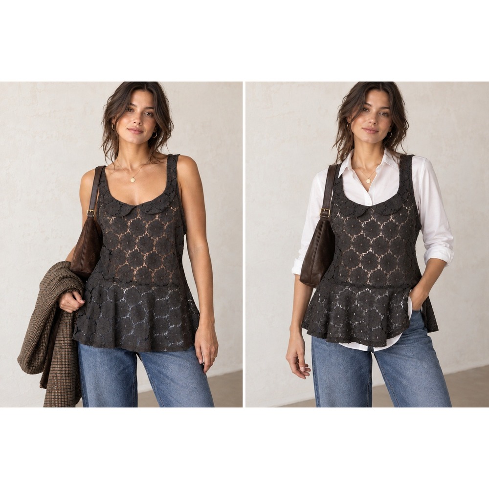 Gray Lace Peplum Twee Top Size M Academia Preppy Peter Pan Collar Fall Layering